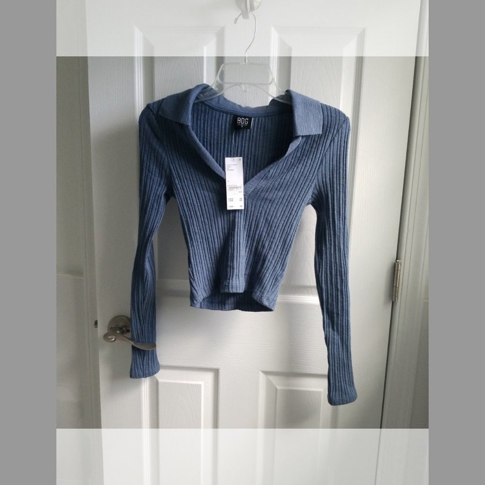 BDG - Rosie Crop Long Sleeve Polo, Vintage Indigo, Size S, NWT - Picture 6 of 13